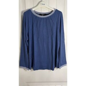NWT Merokeety Blue Long Sleeve Top with White Striped Trim Size Large